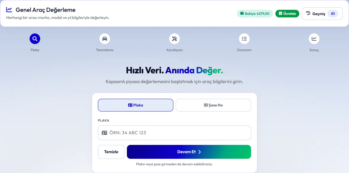 Genel araç değerleme ekranı: plaka veya şase numarası ile başlama