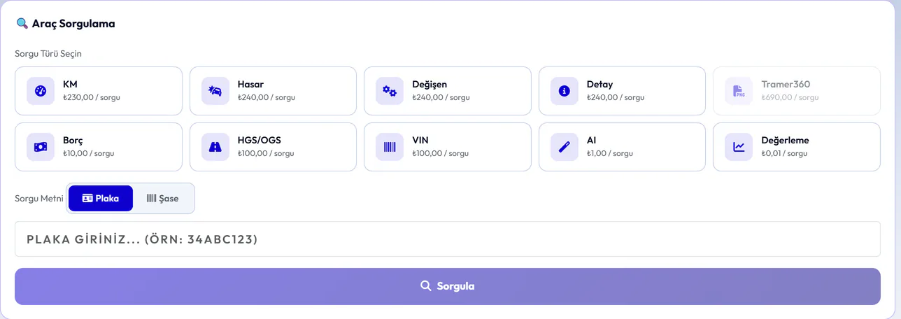Araç sorgulama ekranı: sorgu türleri ve plaka girişi